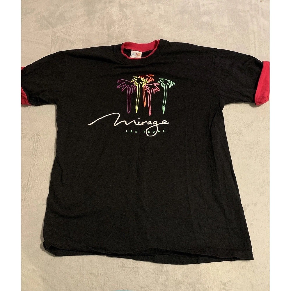 Vintage 1990s NEON PALM TREES MIRAGE LAS VEGAS T-Shirt X LARGE Pink Cuffs USA